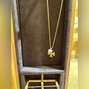 Tory Burch moondance gold  texture Tone pearl Pave small Logo Pendant Necklace -